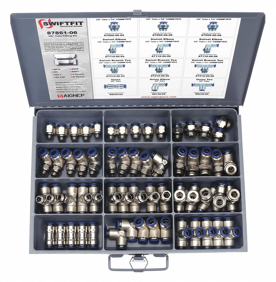 PUSH TO CONNECT FITTINGS KIT: NICKEL-PLATED BRASS, PUSH-FIT/UNIVERSAL THREAD, 60 PIECES, 87861-06