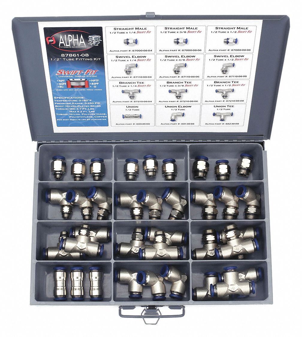 PUSH TO CONNECT FITTINGS KIT: NICKEL-PLATED BRASS, PUSH-FIT/UNIVERSAL THREAD, 36 PIECES, 87861-08