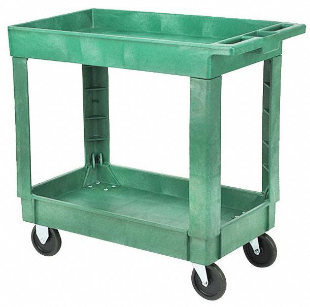 UTILITY CART WITH DEEP LIPPED PLASTIC SHELVES, 500 LB LOAD CAPACITY, GREEN, FLAT