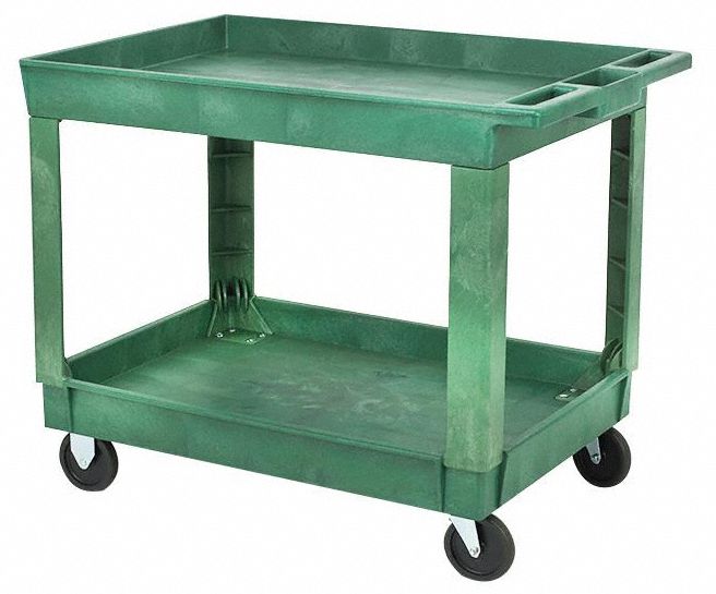 UTILITY CART WITH DEEP LIPPED PLASTIC SHELVES, 500 LB LOAD CAPACITY, GREEN, FLAT