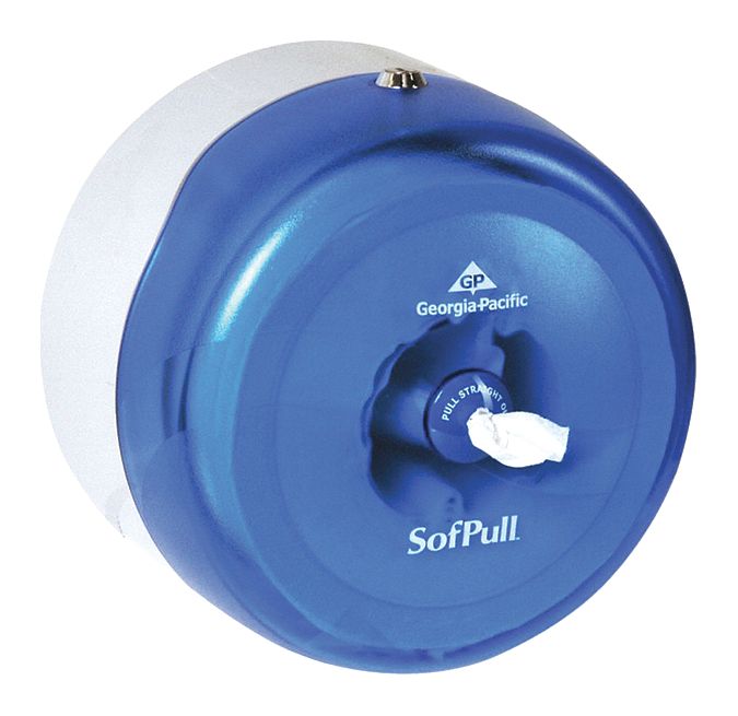 Toilet Paper Dispenser: Center Pull, Horizontal Single Roll, Plastic, Blue, SofPull®