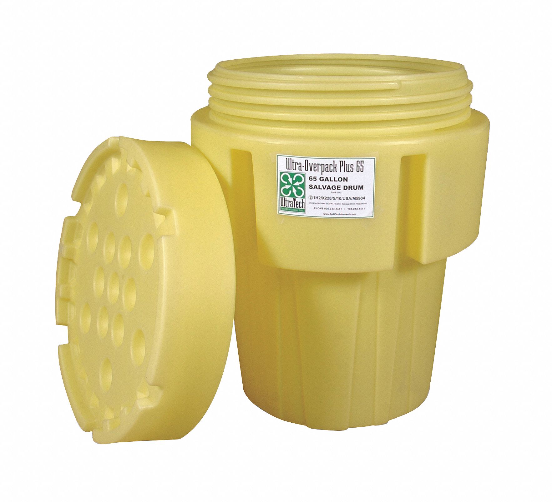 Overpack Drum: 65 gal Capacity, 1H2/X228/S/USA/M5904 UN Rating Solid, 36 1/4 in Overall Ht, Yellow