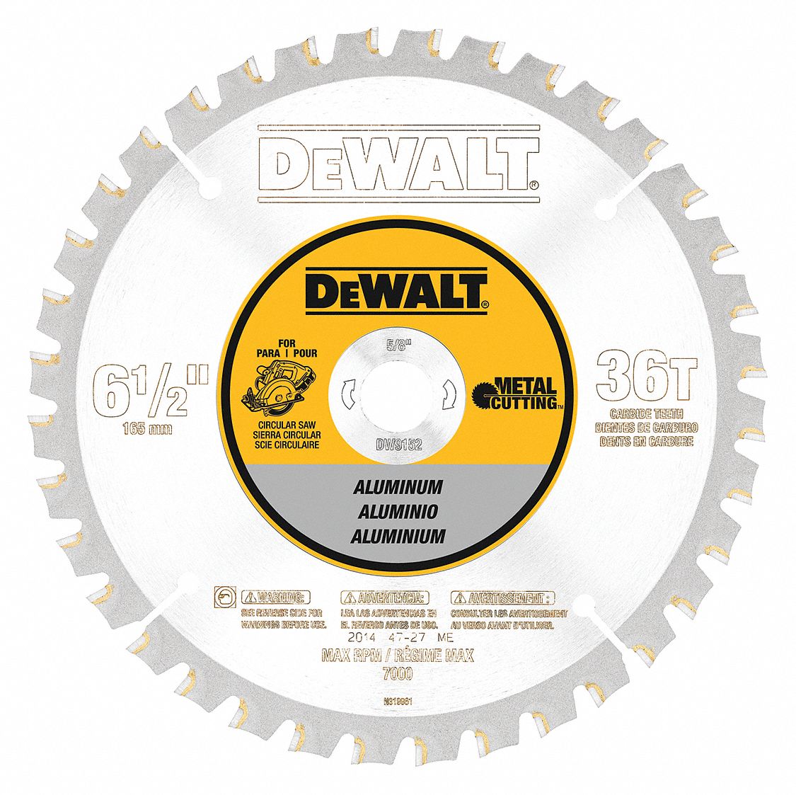 CIRCULAR SAW BLADE, CARBIDE, 6½ IN DIA, 36 TEETH, ⅝ IN ARBOUR, 7000 RPM, FOR AL/METALS