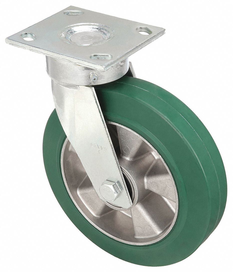 KINGPINLESS PLATE CASTER, 8 IN WHEEL DIAMETER, 880 LB, 9½ IN MOUNTING H, RUBBER