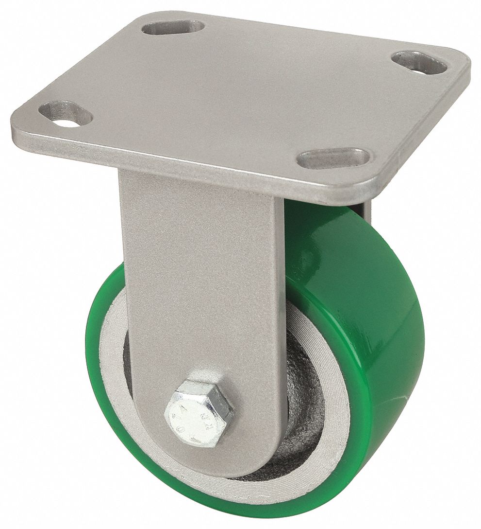 Plate Caster: Rigid, No Brake, Polyurethane, 4 in Wheel Dia, 2 in Wheel Wd, Slot, Rectangle