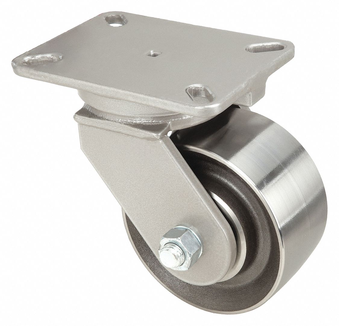 Plate Caster: Swivel, No Brake, Steel, 6 in Wheel Dia, 3 in Wheel Wd, 8 in Mounting Ht