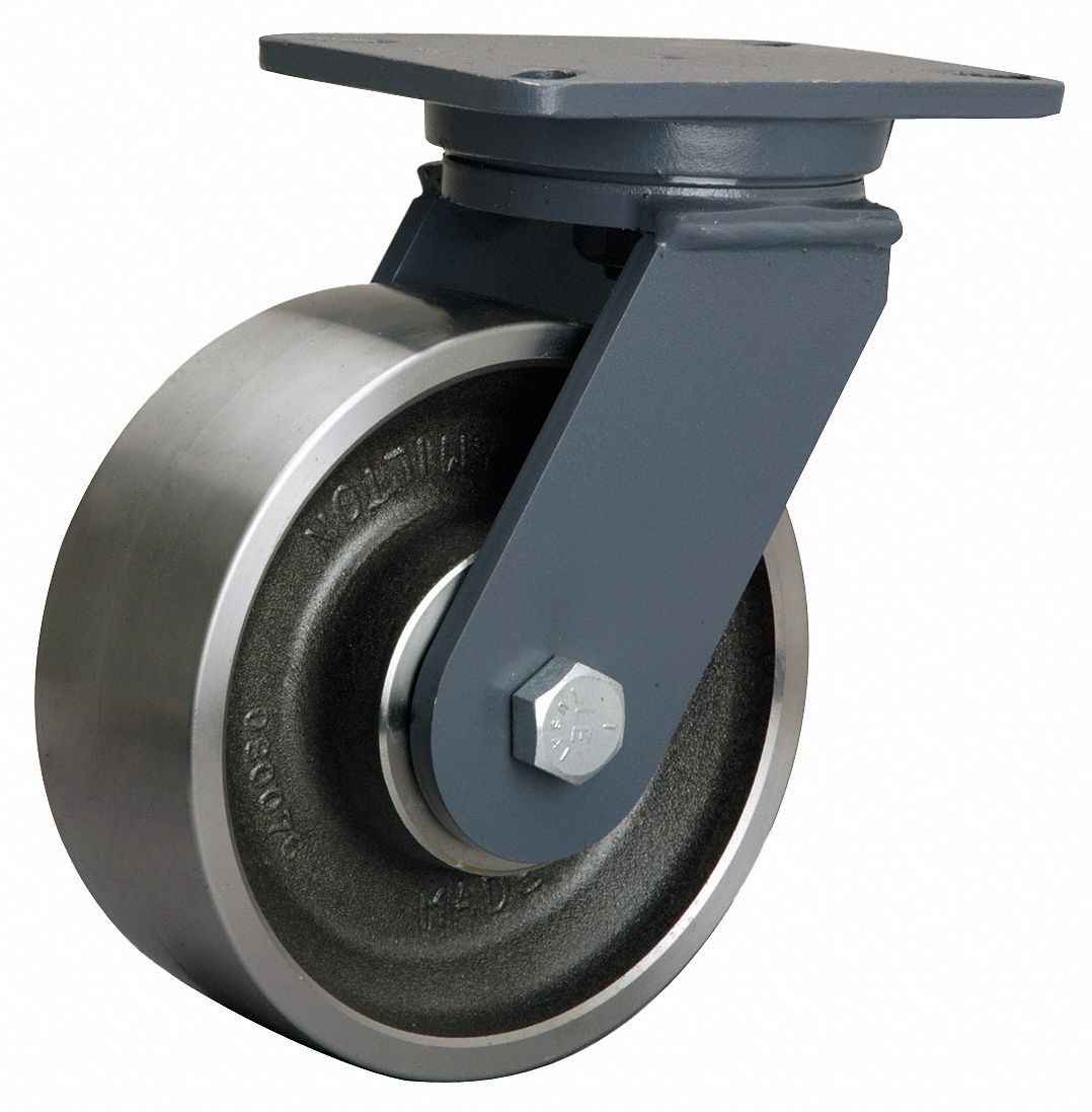 RWM Casters 47 Series Plate Caster Roller Bearing 2 Wheel Width Swivel with Foot Operated Swivel Lock 9-1/2 Mount Height 4-1/2 Plate Length 4 Plate Width 8 Wheel Dia Urethane on Iron Wheel Kingpinless 1500 lbs Capacity 8 Wheel Dia 