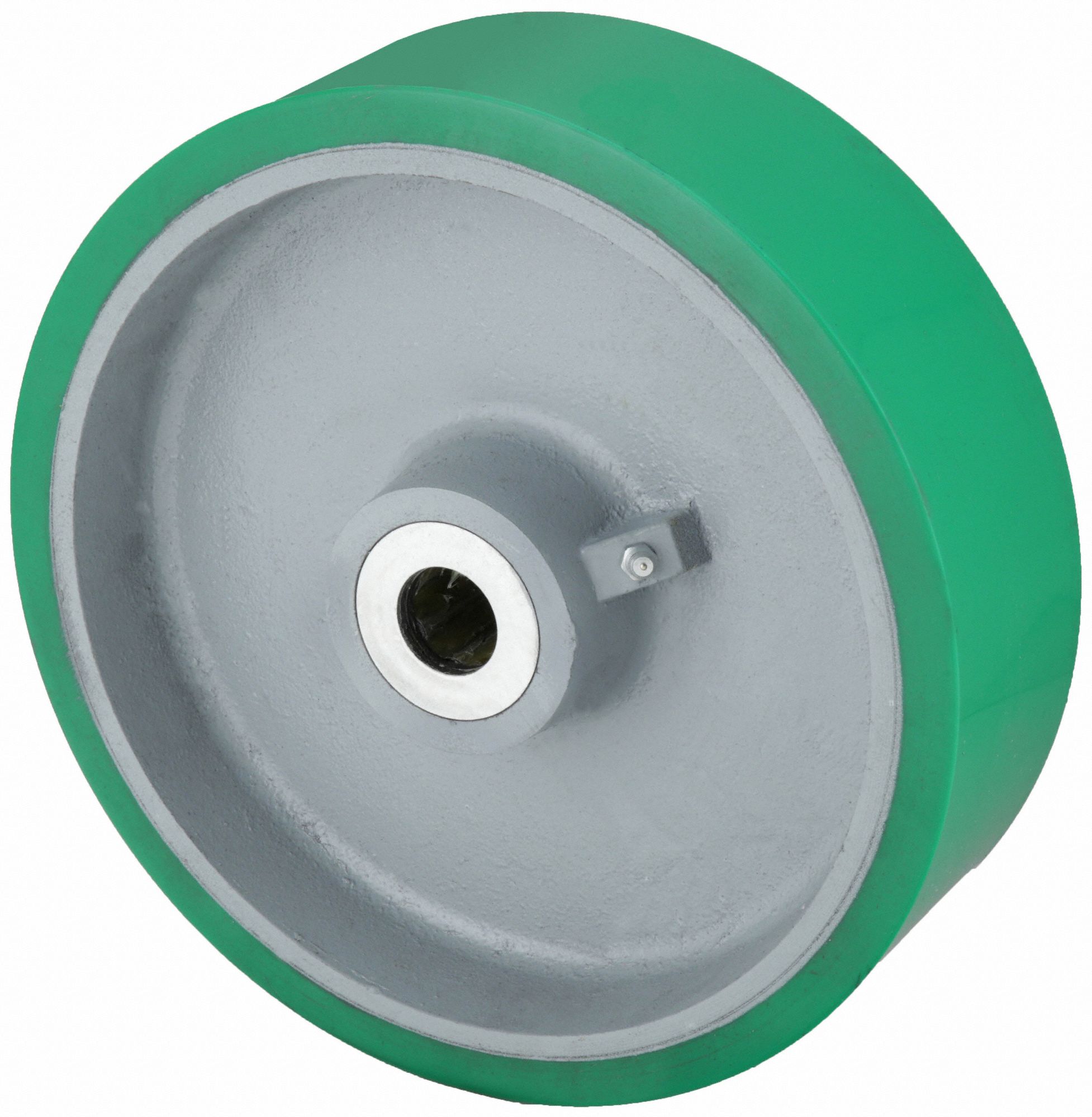 POLYURETHANE TREAD ON IRON CORE WHEEL, 10 IN WHEEL DIA, 3 IN WHEEL W, GREEN, FIRM