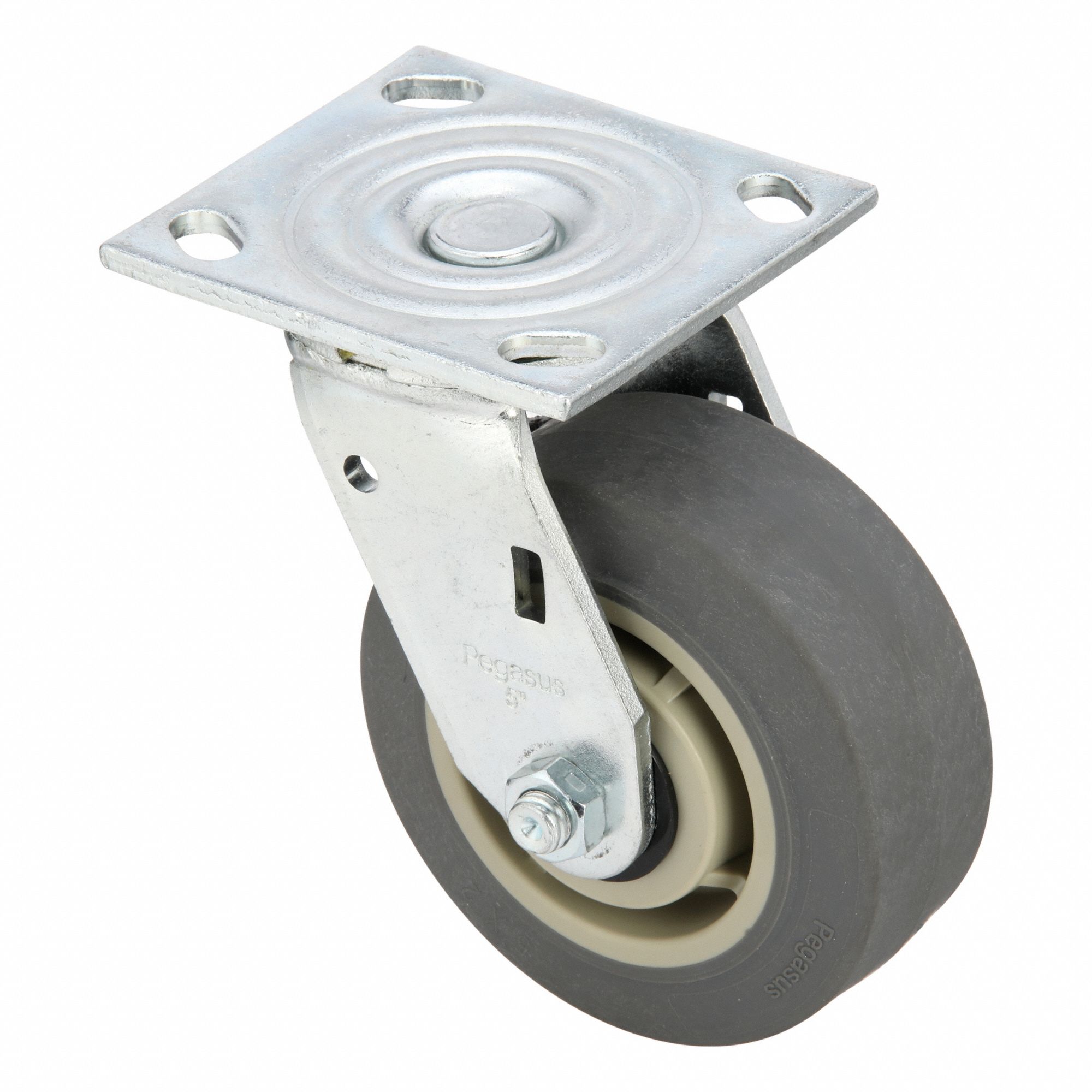 Plate Caster: Swivel, No Brake, Rubber, 5 in Wheel Dia, 2 in Wheel Wd, Slot, Roller