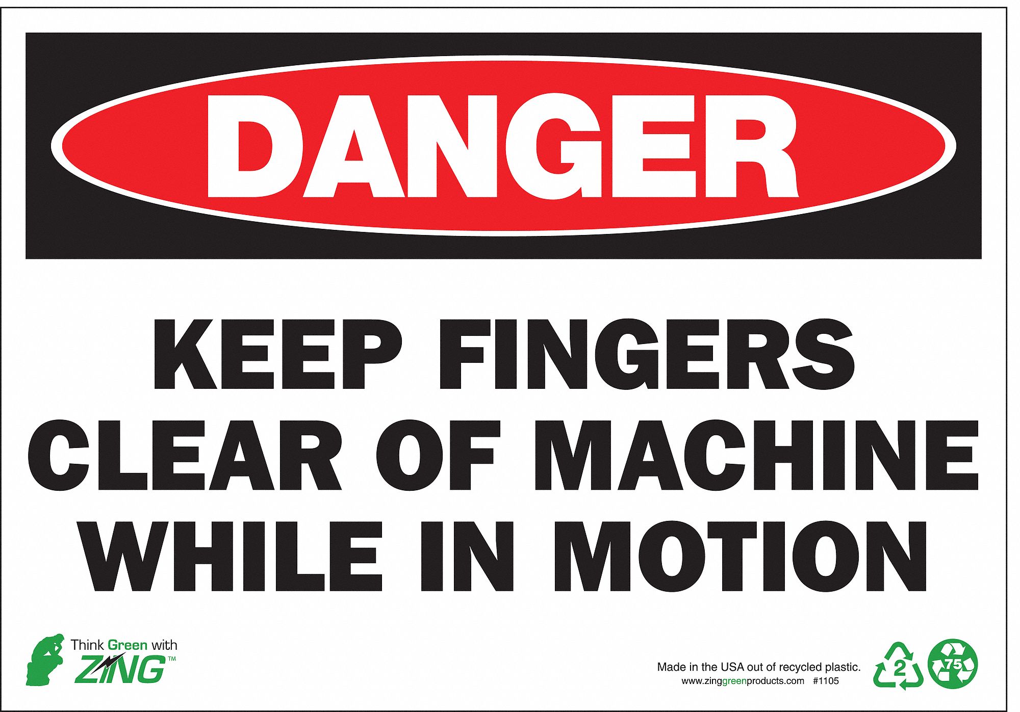 DANGER SIGN, PLASTIC, HOLE MOUNT, 7 X 10 IN, 0.065 IN THICK, CLEAR, KEEP FINGERS CLEAR OF MACHINE WHILE IN MOTION
