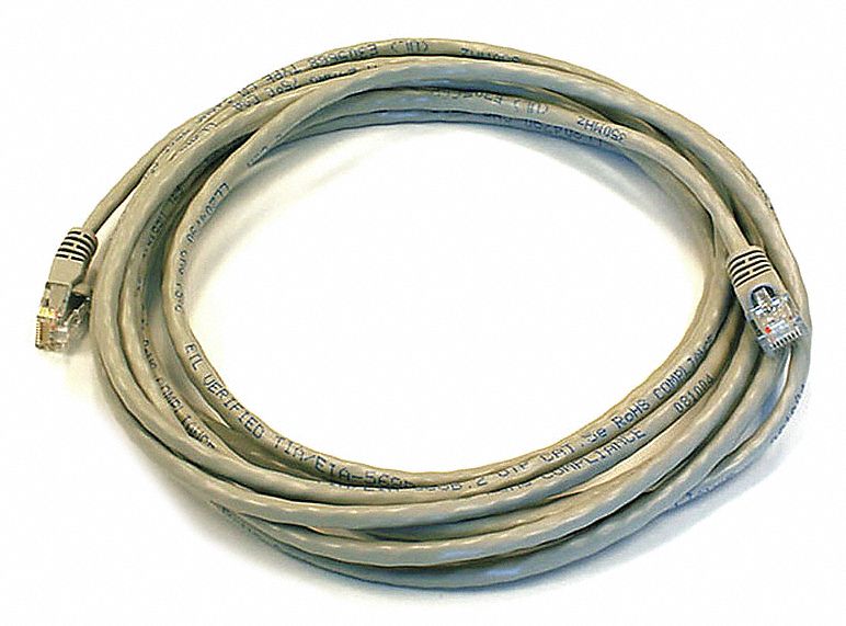 Voice and Data Patch Cord: Unshielded, Cat 5e, 14 ft Overall Lg, PVC, Round, 24 AWG, Gray