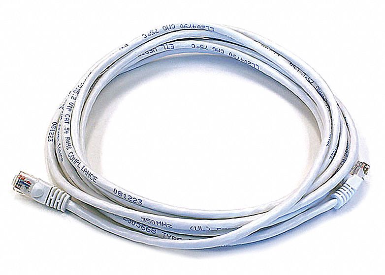 Voice and Data Patch Cord: Unshielded, Cat 5e, 14 ft Overall Lg, PVC, Round, 24 AWG, White