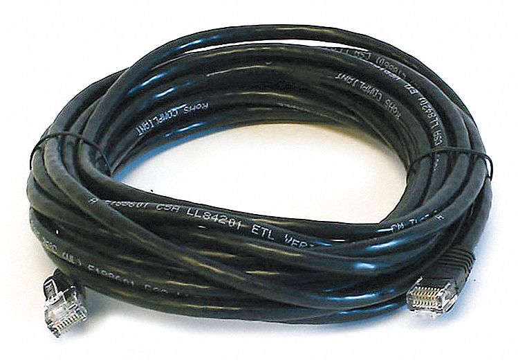 Voice and Data Patch Cord: Unshielded, Cat 5e, 20 ft Overall Lg, PVC, Round, 24 AWG, Black