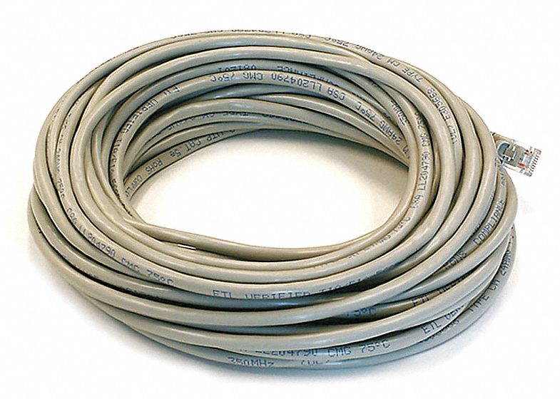 Voice and Data Patch Cord: Unshielded, Cat 5e, 50 ft Overall Lg, PVC, Round, 24 AWG, Gray