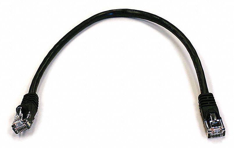 Voice and Data Patch Cord: Unshielded, Cat 6, 1 ft Overall Lg, PVC, Round, 24 AWG, Black