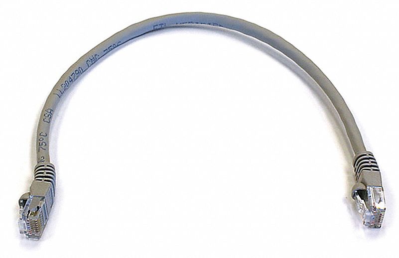 Voice and Data Patch Cord: Unshielded, Cat 6, 1 ft Overall Lg, PVC, Round, 24 AWG, Gray