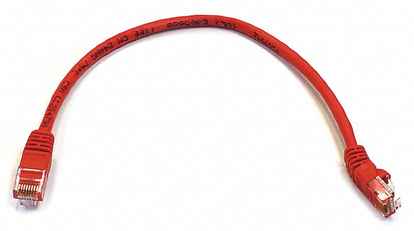 Voice and Data Patch Cord: Unshielded, Cat 6, 1 ft Overall Lg, PVC, Round, 24 AWG, Red