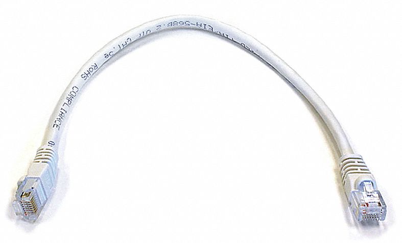 Voice and Data Patch Cord: Unshielded, Cat 6, 1 ft Overall Lg, PVC, Round, 24 AWG, White