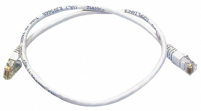 Voice and Data Patch Cord: Unshielded, Cat 6, 2 ft Overall Lg, PVC, Round, 24 AWG, White