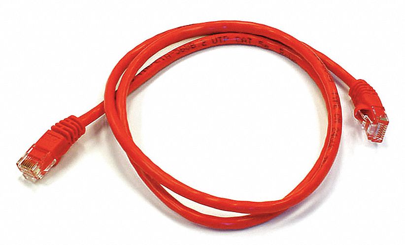 Voice and Data Patch Cord: Unshielded, Cat 6, 3 ft Overall Lg, PVC, Round, 24 AWG, Red