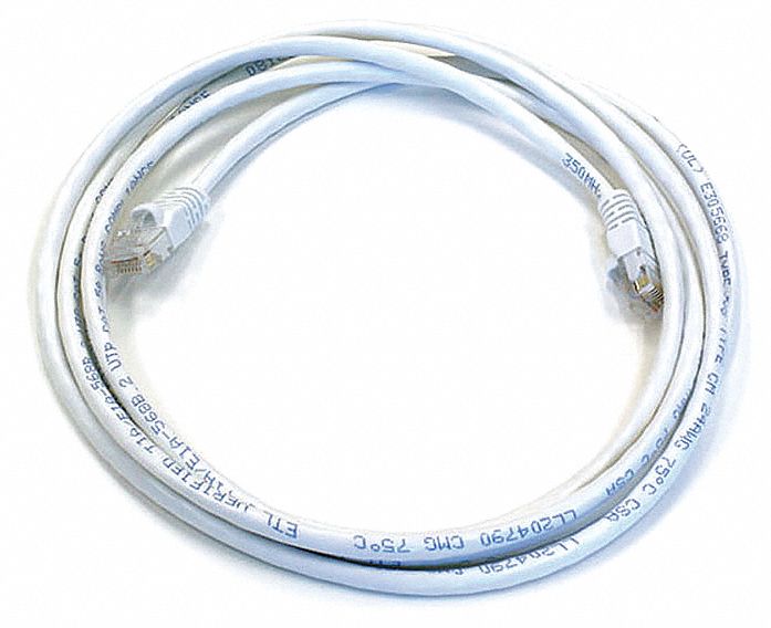 Voice and Data Patch Cord: Unshielded, Cat 6, 7 ft Overall Lg, PVC, Round, 24 AWG, White