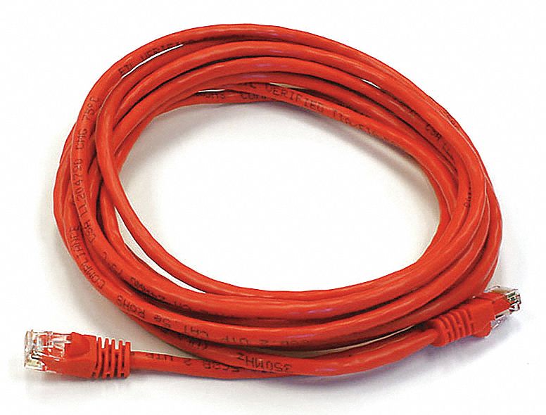 Voice and Data Patch Cord: Unshielded, Cat 6, 14 ft Overall Lg, PVC, Round, 24 AWG, Red