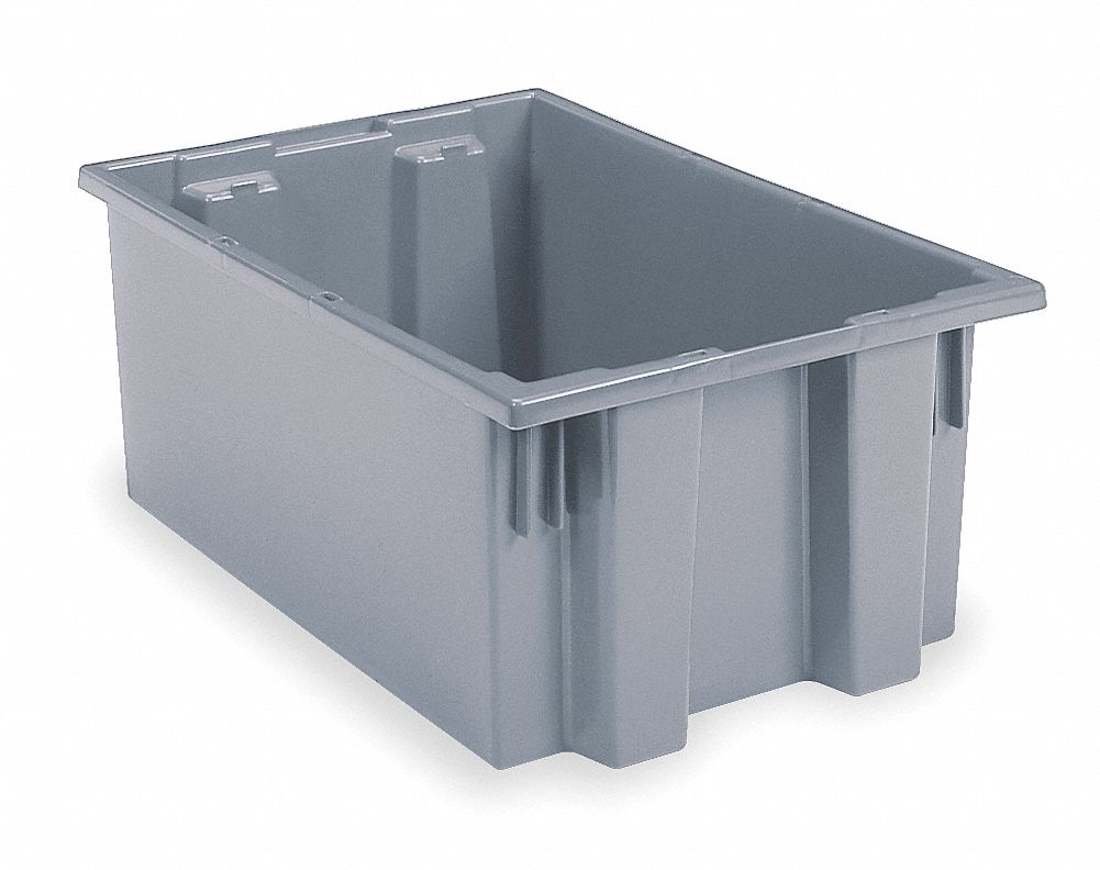 Stacking and Nesting Tote: 9 gal, 19 1/2 in x 15 1/2 in x 10 in, Gray, Lid Not Included