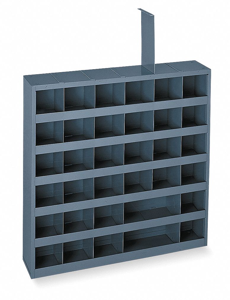 PIGEONHOLE BIN UNIT, 24 IN X 4¾ IN X 24 IN, 36 COMPARTMENTS, GREY, STEEL