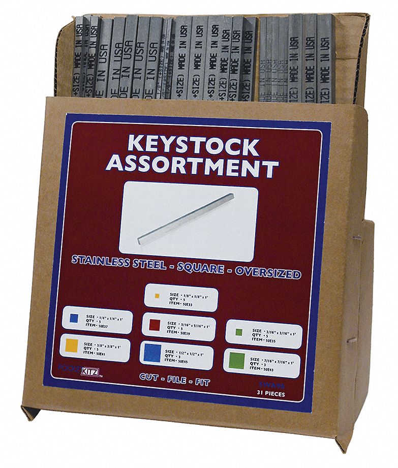 Key Stock Assortment: 18-8 Stainless Steel, Plain, 31 Pieces