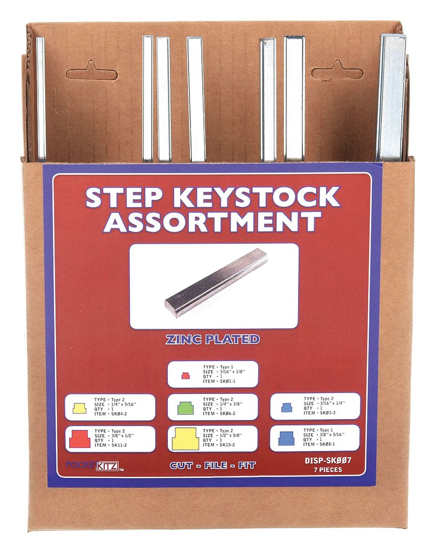 STEP KEY STOCK ASSORTMENT, INCH, 7 PIECES, INCH, STEP KEY STOCK ASSORTMENT, 1 FT L, STEEL, UNGRADED