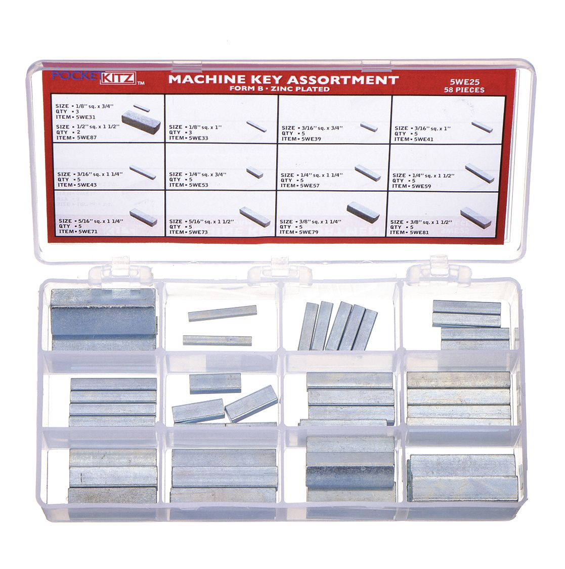 MACHINE KEY ASSORTMENT, INCH, 58 PIECES, INCH, STRAIGHT, UNDERSIZED, STEEL