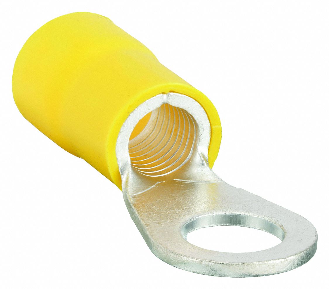 RING TERMINAL, VINYL, YELLOW, ⅜ IN STUD SIZE, 4 AWG TO 4 AWG WIRE SIZE RANGE, 20 PK