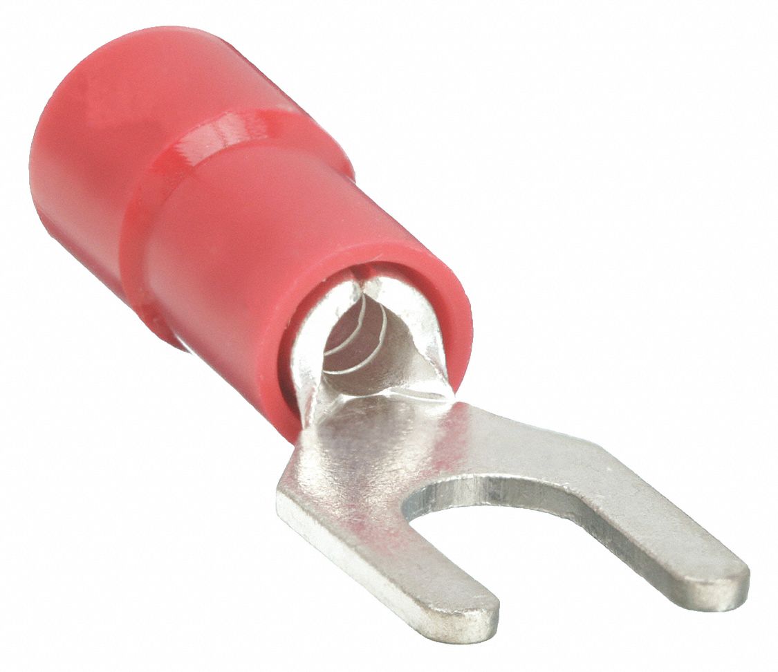 FORK TERMINAL, PARTIAL COVERAGE, RED, VINYL, #6 STUD SIZE, 0.00 - ½ INCHES, 100 PK