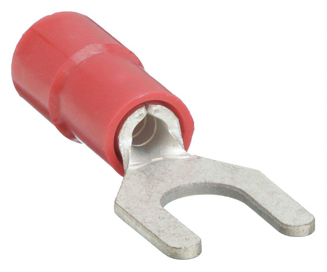 FORK TERMINAL, PARTIAL COVERAGE, RED, VINYL, #8 STUD SIZE, 0.00 - ½ INCHES, 100 PK