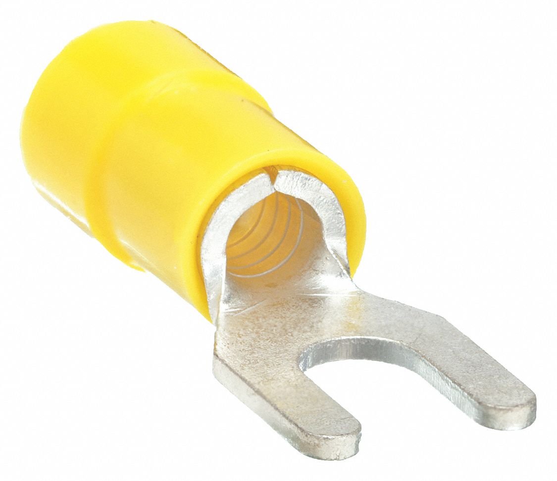 FORK TERMINAL, PARTIAL COVERAGE, YELLOW, VINYL, #8 STUD SIZE, 0.00 - ½ INCHES, 50 PK