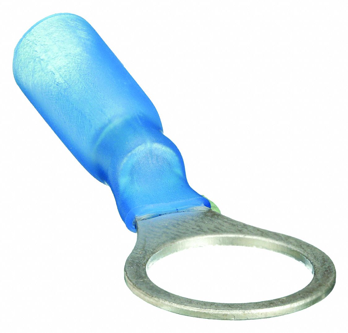 RING TERMINAL, HEAT SHRINK (POLYOLEFIN), BLUE, ⅜ IN STUD SIZE, 25 PK