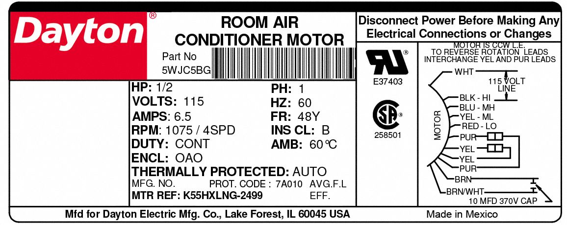 Dayton 5WJC3 1/6 HP 1625 RPM 115v 4 Speed Room Air Conditioner Motor for sale online