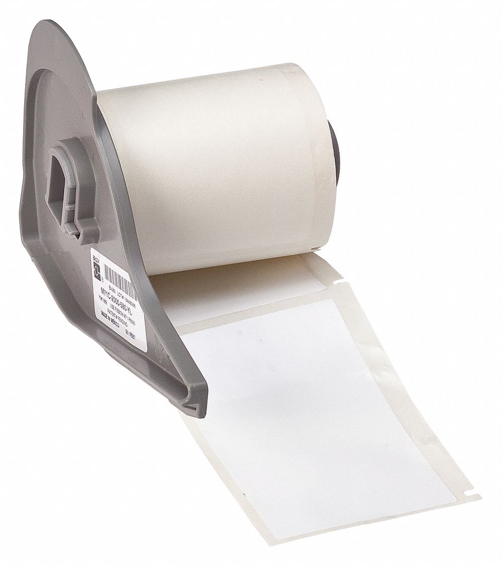 Pre-Cut Label Stock Roll: 1 5/16 in x 3 in, Rubber, Aggressive Adhesive/Permanent Adhesive, BMP71