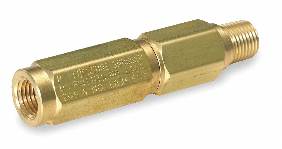 Pressure Gauge Snubber: Brass, Piston, 1/4 in NPT, 3,000 psi Max. Pressure, 3 Pistons
