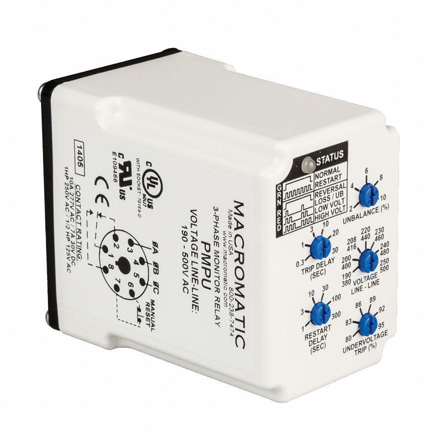 MACROMATIC Phase Monitor Relay, 190 to 500V AC, 10A 277V, 7A 30V, 8