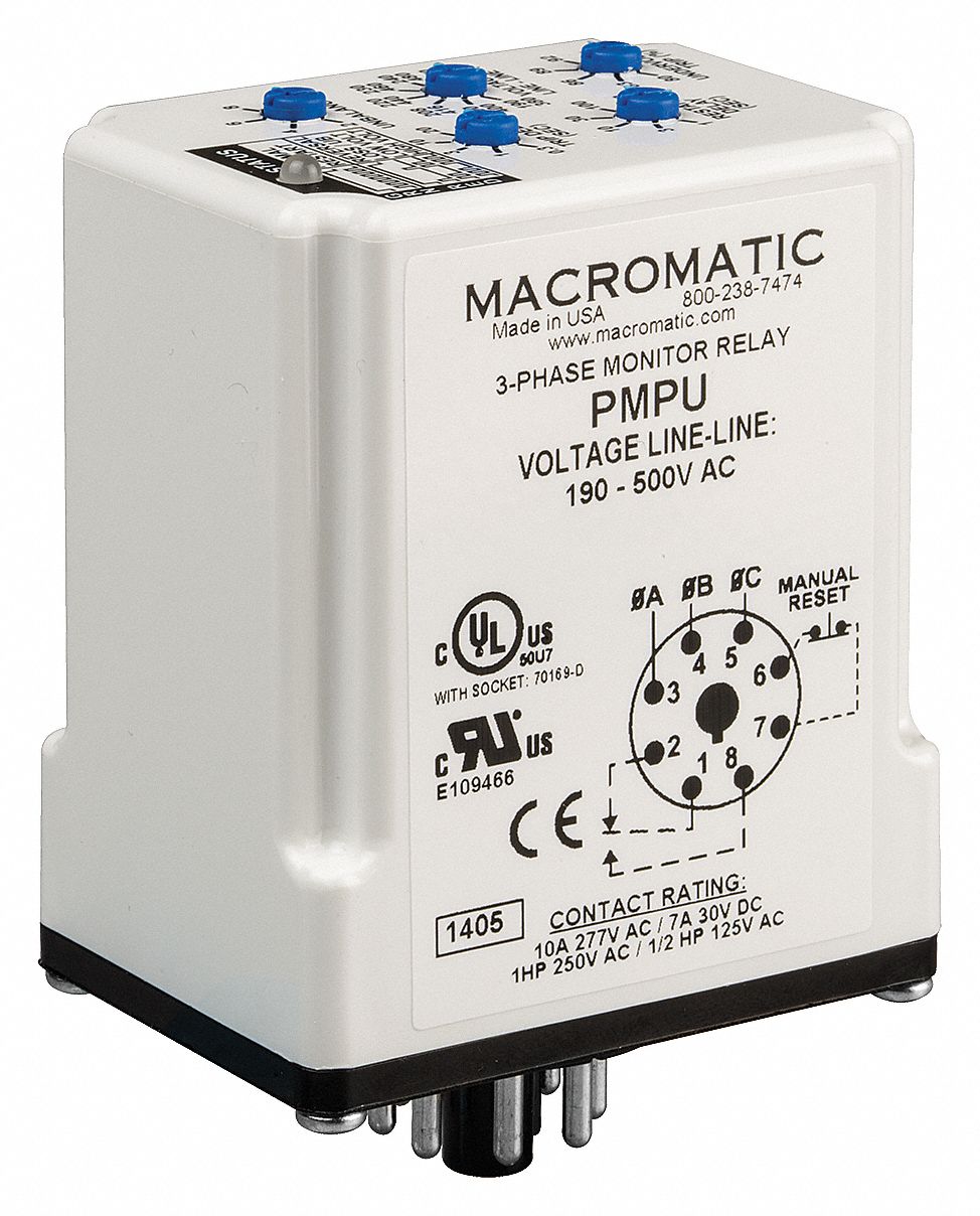 Phase Monitor Relay: 190 to 500V AC, 10A @ 277V, SPDT, Plug In
