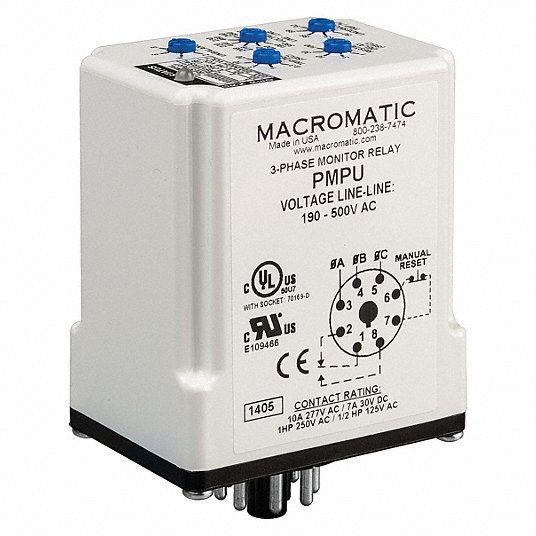 Phase Monitor Relay: 190 to 500V AC, 10A @ 277V, SPDT, Plug In