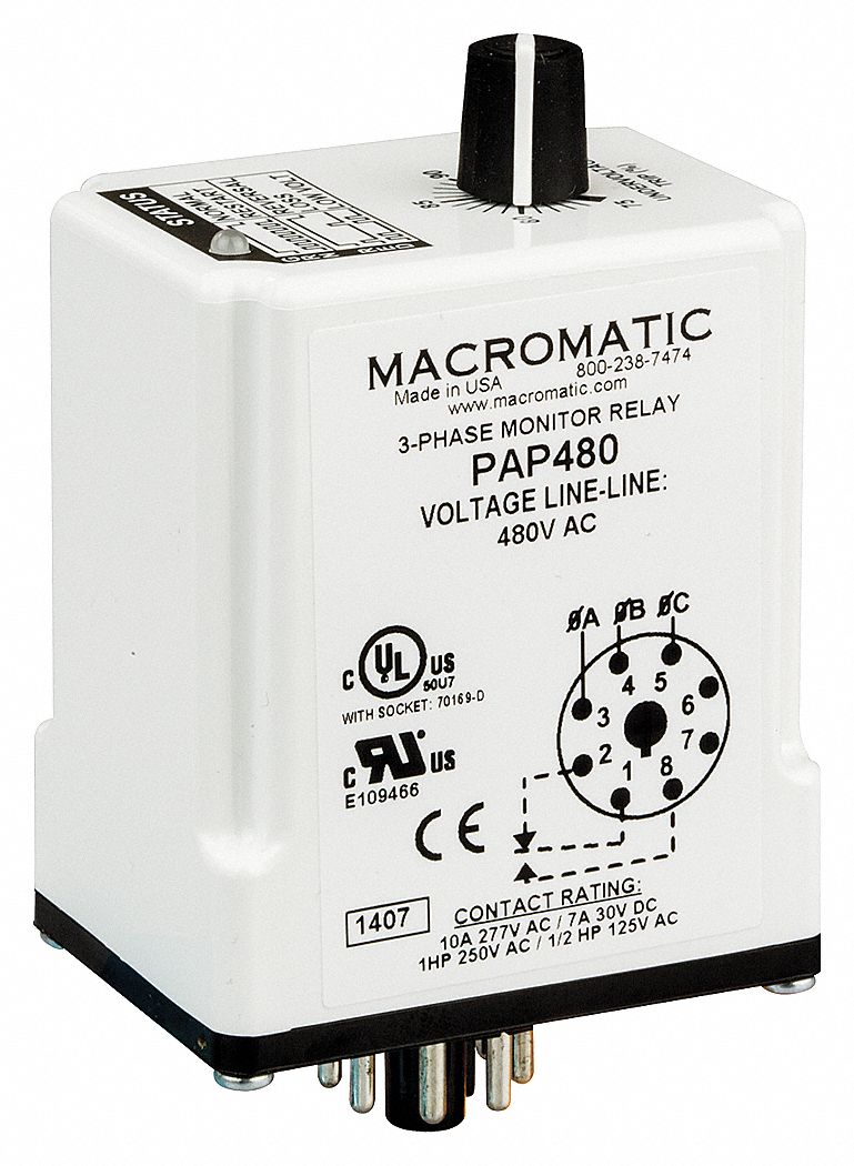 MACROMATIC Phase Monitor Relay, 208V AC, 10A @ 277V, 7A @ 30V, 8 Pins ...