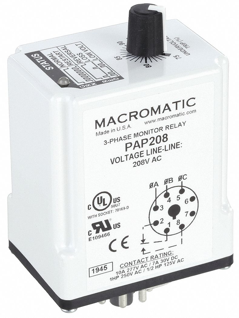 Phase Monitor Relay: Socket Mounted, 10 A Current Rating, 208V AC, 8 Pins/Terminals