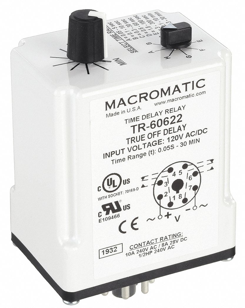 Single Function Time Delay Relay: Socket Mounted, 120V AC/DC, 10 A, 8 Pins/Terminals