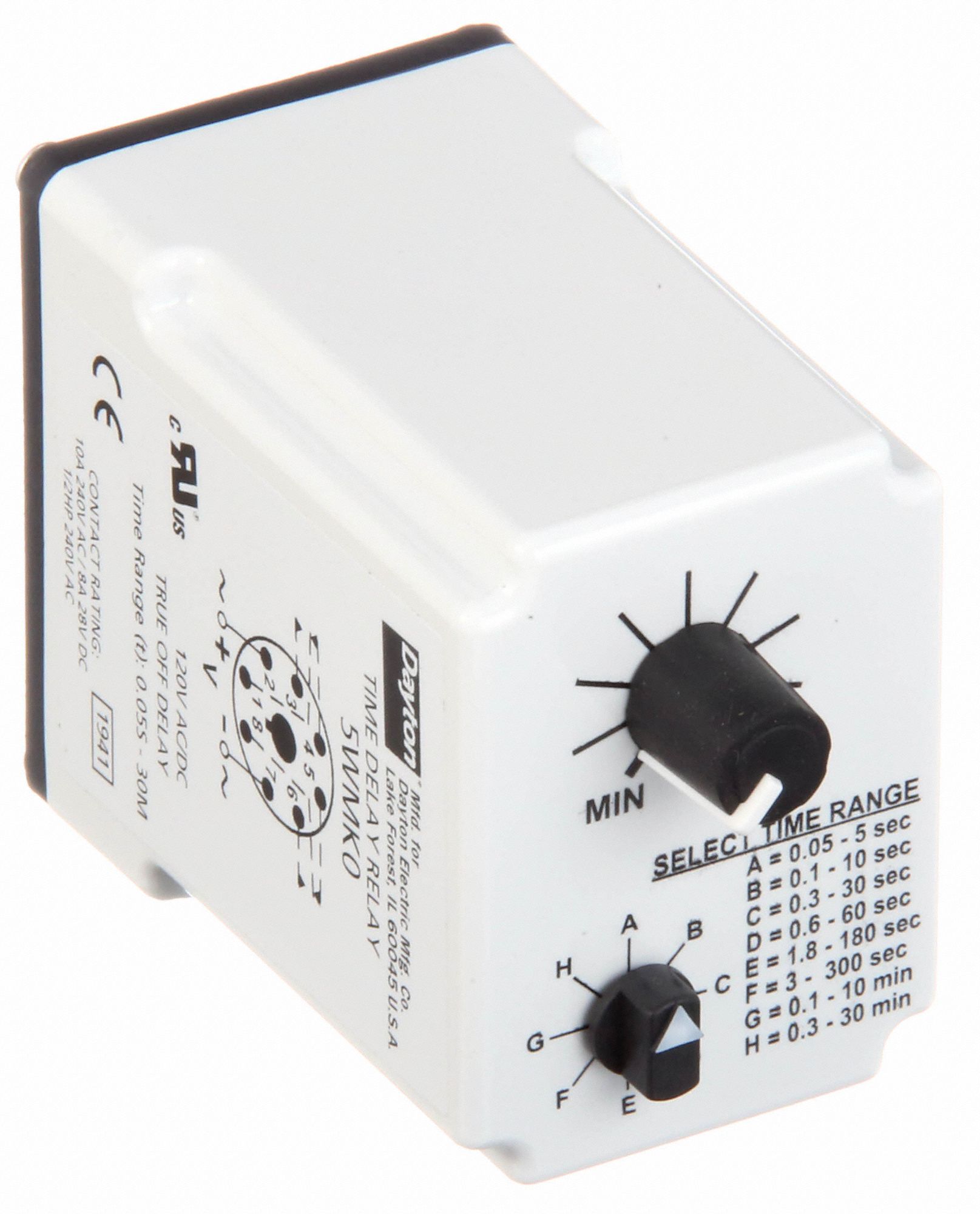 DAYTON Single Function Time Delay Relay 8 Pins Relay, Potentiometer