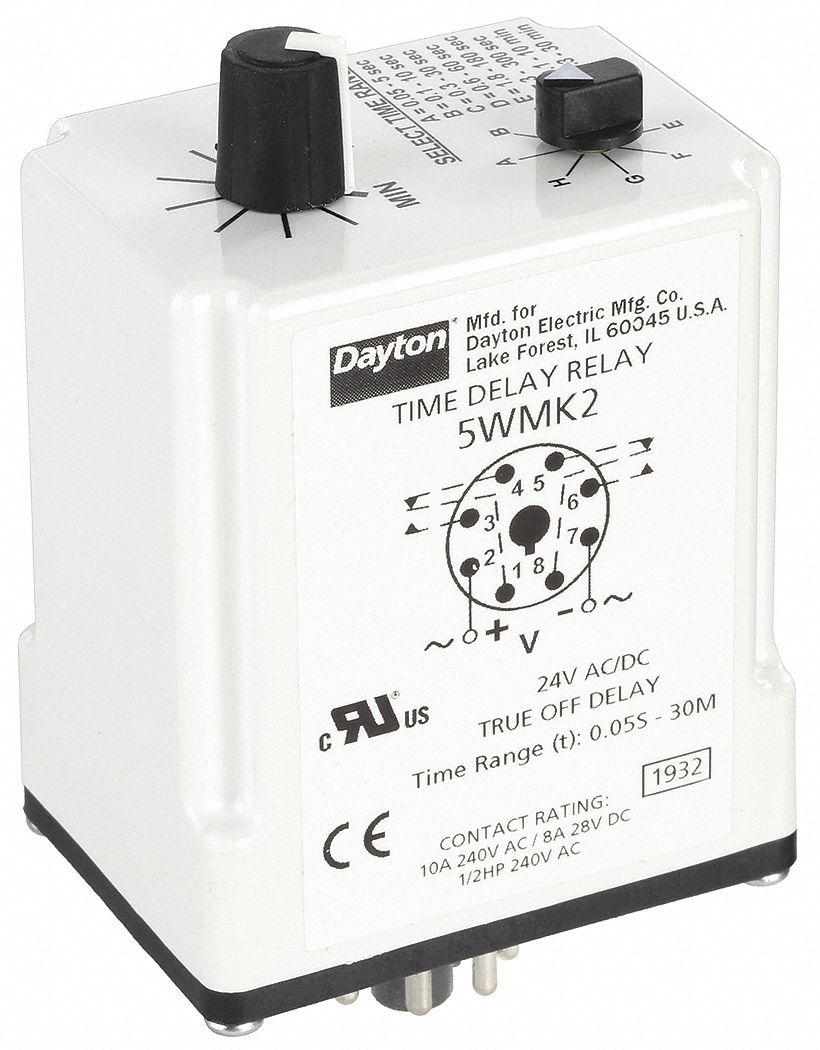 Single Function Time Delay Relay: Socket Mounted, 24V AC/DC, 8 A, 8 Pins/Terminals, Off Delay