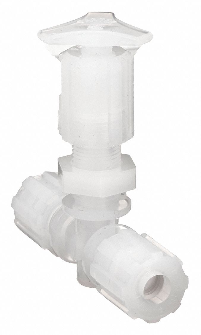 Needle Valve: Compression x Compression, 3/8 in Pipe Size, 100 psig Max. Pressure (CWP), PFA