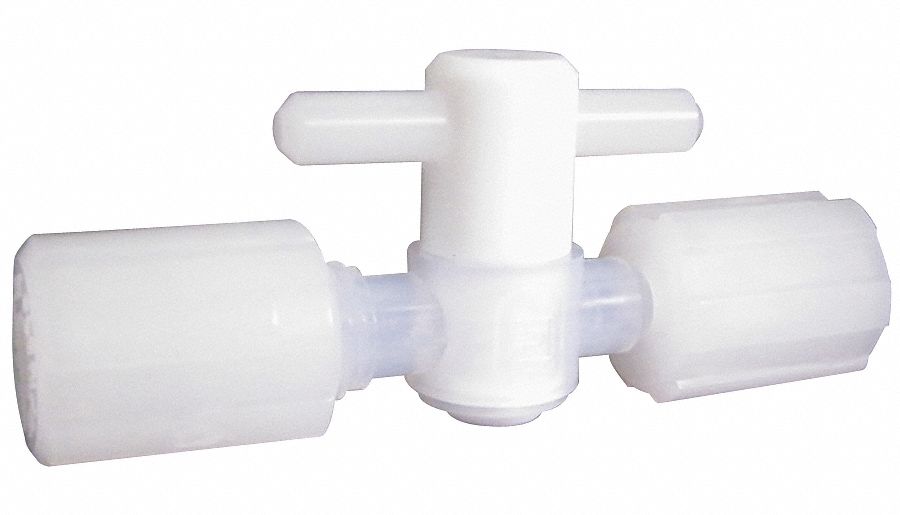 Stopcock: For Corrosive Chemicals Media, 2-Way, 1/4 in Pipe Size, PFA, Flare x Flare, Flare