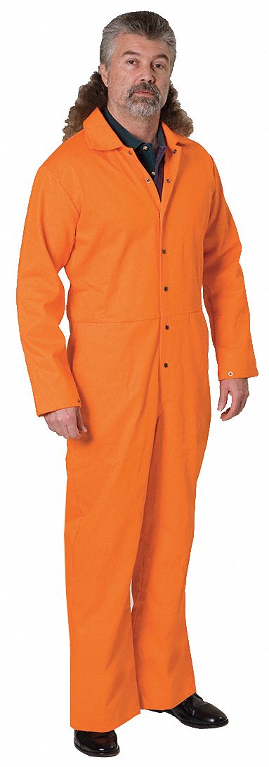 FLAME-RESISTANT COVERALLS, S, ORANGE, 9 OZ FABRIC WT, 7 POCKETS, SNAPS